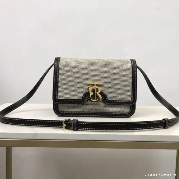 Official FirstBag Ru BURBERRY Leather TB Two-tone and Canvas Bag 0605